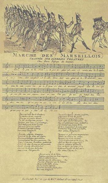 "Marche des Marseillois chantée sur diferans theatres." Früher Druck der Marseillaise aus dem Jahr 1792, W. Holland Londres